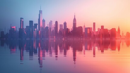  A city skyline reflects in a body of water, surrounded by a pink and blue sky in the background The midground features a pink and blue sky