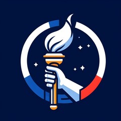 An Olimpic Torch Logo With Red, White, and Blue Swirls on Gray Background