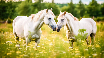 Obraz premium Albino horses in a field affectionately rubbing noses, displaying a tender connection. Their white coats stand out against the greenery, symbolizing purity and companionship.