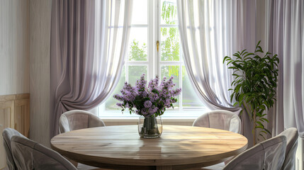 A cozy room with a table and chairs by a window adorned with lilac curtains