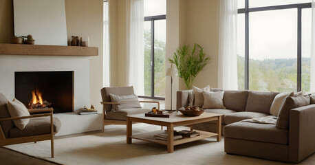 Chic living space with cozy fireplace, inviting seating, calming hues, and expansive windows offering a peaceful natural scenery