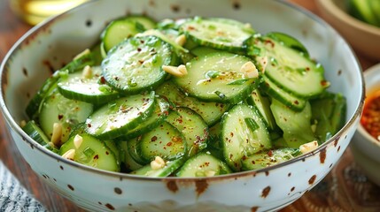Thai spicy Cucumber Salad on background. Generative Ai
