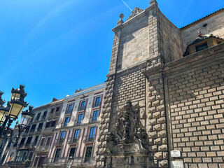 View of the facade of Bethlehem Church on a summer day. Close-up. Barcelona. Spain.