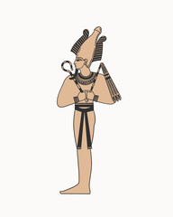 Ancient Egyptian god Osiris with scepter and flail in his hands at full height. God of fertility, agriculture in Ancient Egypt. Mythical character of the ancient world, judge of the souls of dead.