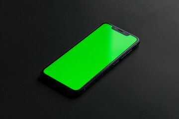 Elegant smartphone lies on a dark, matte surface, its screen lit up with a bright green chroma key, perfect for graphic designers to overlay with custom content
