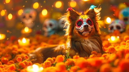 Dog with colorful sugar skull face paint. Canine with festive Day of the Dead mask. Concept of celebration, Halloween, cultural tradition, pet costume, Dia de los Muertos makeup, celebration