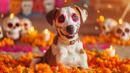 Dog with colorful sugar skull face paint. Canine with festive Day of the Dead mask. Concept of celebration, Halloween, cultural tradition, pet costume, Dia de los Muertos makeup, celebration