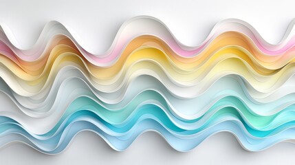 Obraz premium A white background with a top right area featuring a multicolored wavy pattern in shades of blue, yellow, pink, and green