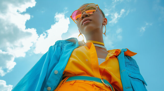 Stylish non-binary person in blue summer clothing.