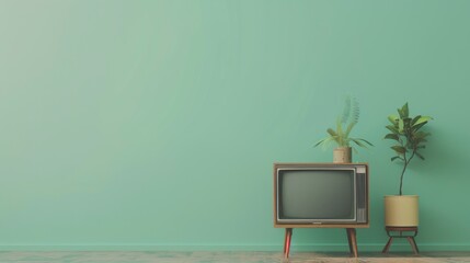 Retro old television from 80s front mint green wall background