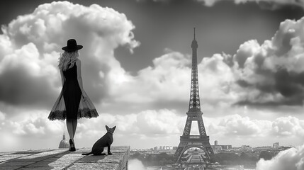 A woman and a dog look at the Eiffel Tower under the sky