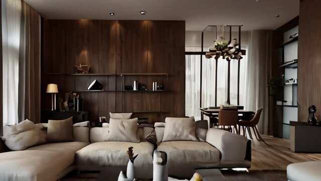 Modern Living Room Interior Design with Wood Wall Paneling and Stylish Furniture