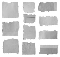 Eleven pieces of torn paper on white background 