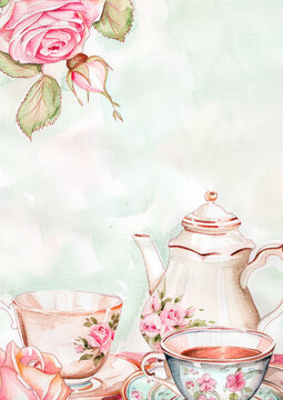watercolor english afternoon tea with tea pot, tea cup, and roses flowers invitation card