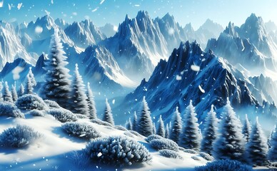 Winter in the mountains, fir spruce tree in the snow. Dawn in winter, a wooded area at sunrise dawn in the rays of the sun. Christmas tree landscape. 3d illustration, Winter landscape.