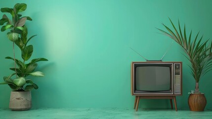 Retro old television from 80s front mint green wall background