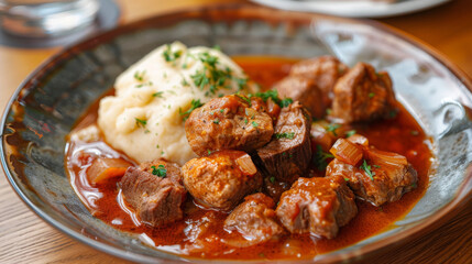 Fototapeta premium Delicious czech beef goulash with steaming potato dumplings, topped with fresh chives, in a charming ceramic bowl