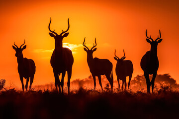Naklejka premium Silhouettes of saigas against the fiery sunset backdrop of the African savannah evoke the beauty and majesty of wildlife in their natural habitat.