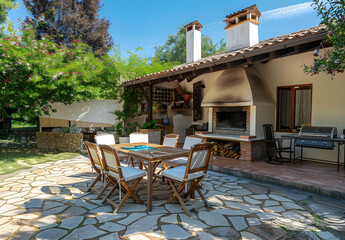 Fototapeta premium A luxurious villa backyard with a patio, chairs, table, and a fireplace and BBQ area for grill parties and outdoor gatherings.