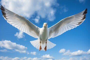 Fototapeta premium Seagull with outstretched wings flies directly towards the camera against a backdrop of fluffy clouds