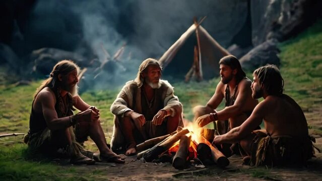 Group of Cavemen around a Fire with a Tent