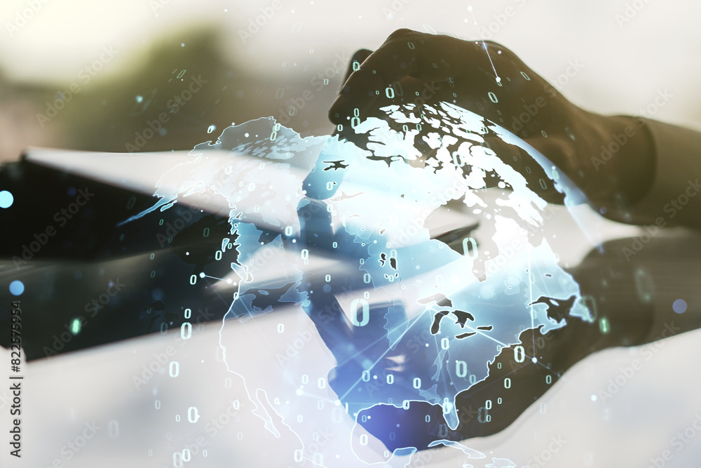 Poster abstract creative coding illustration with world map and finger clicks on a digital tablet on backgr