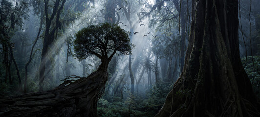 Magical forest with dark trees