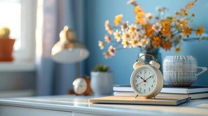Naklejka premium A vintage alarm clock sits on a stack of books beside a vase of flowers in a sunlit room.