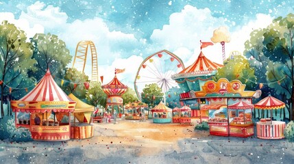 A colorful funfair with a Ferris wheel, a roller coaster, and many other rides and attractions.