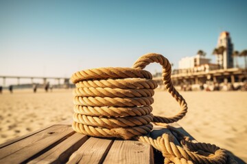 Close-up of a coiled rope on a wooden deck with a blurred beach pier background