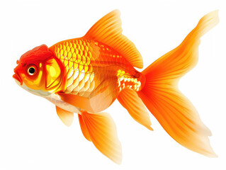 A digital painting of a goldfish. The goldfish is orange and white, with a long, flowing tail. It is swimming in a white background. The goldfish is facing the left of the viewer.