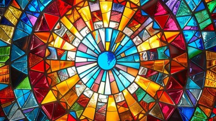 colorful stained glass window in circular shape with vibrant multicolored crystals intricate geometric pattern
