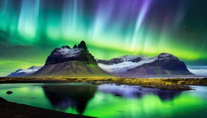 A majestic Icelandic landscape under the dancing colors of the aurora, echoing the nation's flag.