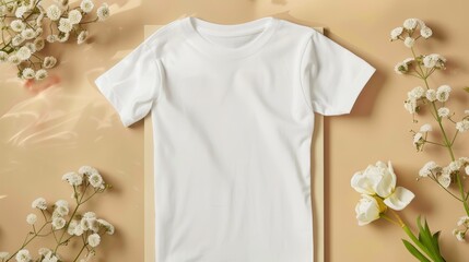 White t-shirt with white flowers and green leaves on beige background. Flat lay composition. Fashion and clothing concept