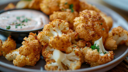 Classic czech appetizer or side dish: crispy roasted cauliflower with a creamy dip, served on a plate