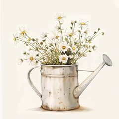 Fototapeta premium Charming Watercolor Floral Illustration: Flowers in a Pink Watering Can