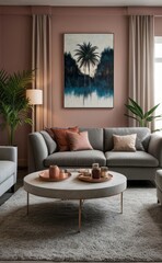 Sophisticated professional photograph of a burgundy and rose gold luxury living room interior with abstract art and indoor palm trees