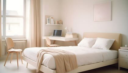 Bed and modern desk and chair in white and beige room