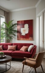 Sophisticated professional photograph of a burgundy and rose gold luxury living room interior with abstract art and indoor palm trees