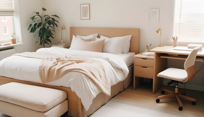 Bed and modern desk and chair in white and beige room