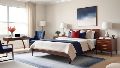 Bed and modern desk and chair in white and beige room