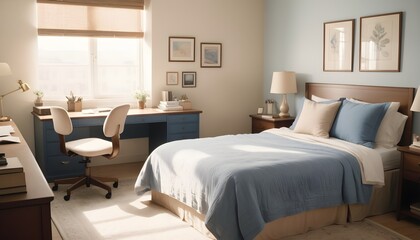Bed and modern desk and chair in white and beige room