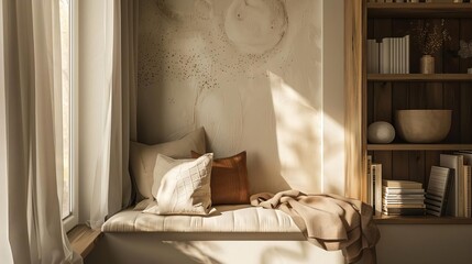 cozy reading nook with earthtoned wall and celestial accents serene home decor
