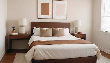 Bed and modern desk and chair in white and beige room