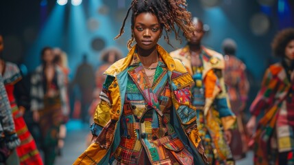 Fototapeta premium An eco-fashion runway show, models wearing avant-garde outfits crafted from upcycled textiles, dynamic catwalk scene with a focus on sustainability,