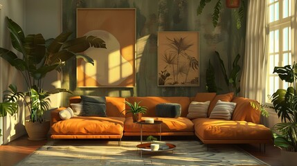 cozy scandinavian living room with minimalist decor and houseplants digital painting