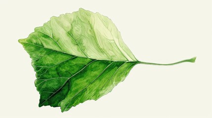  A tight shot of a green leaf against a white backdrop, featuring two green stems - one on the left side of the leaf's base, the other on the right