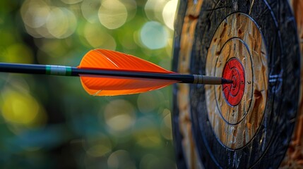 Archery Arrow and Target: A close-up of a sleek, feathered arrow about to hit the bullseye on a target, vibrant colors against a blurred green outdoor background