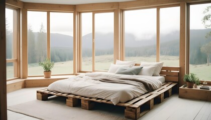 Bedroom with wooden pallet bed, carpet and window