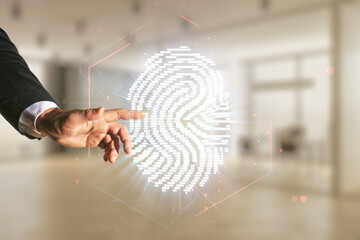 Double exposure of male hand working with virtual creative fingerprint hologram on blurred office...